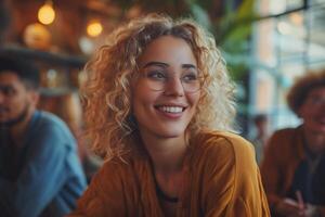 AI generated Young woman employee wearing glasses smiling in a modern cozy meeting room, with a relaxed work-life balance atmosphere. photo