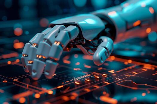 AI generated Shiny white robot hand assisting humans with advanced tasks, futuristic theme photo