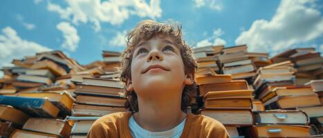 AI generated The boy's face was filled with a radiant smile, his gaze lifted up to the sky, contemplating a bright future. Amidst the stack of thick books piled up behind him photo