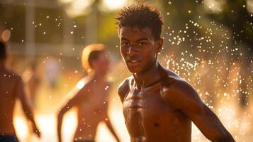 ai generado un sin camisa africano Adolescente completamente inmerso en el alegría de jugando fútbol, con sudor cubierta su cuerpo como un testamento a su difícil trabajo y el verano calor foto