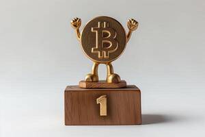 AI generated Bitcoin coin triumphantly standing on a podium marked with number one photo