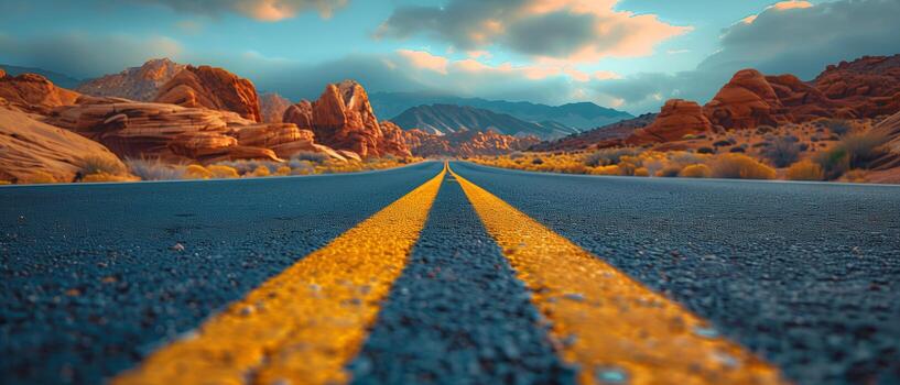 AI generated Panorama of empty road, Driving down an empty road through the desert mountains photo