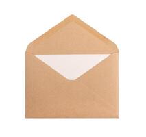 Open kraft paper envelope with letter, card inside isolated on white background photo