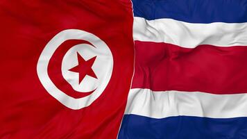 Tunesië en costa rica vlaggen samen naadloos looping achtergrond, lusvormige buil structuur kleding golvend langzaam beweging, 3d renderen video