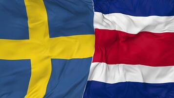 Zweden en costa rica vlaggen samen naadloos looping achtergrond, lusvormige buil structuur kleding golvend langzaam beweging, 3d renderen video
