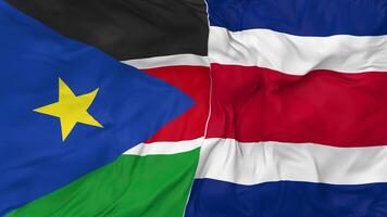 South Sudan and Costa Rica Flags Together Seamless Looping Background, Looped Bump Texture Cloth Waving Slow Motion, 3D Rendering video