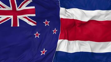 Neu Neuseeland und Costa Rica Flaggen zusammen nahtlos Schleifen Hintergrund, geloopt stoßen Textur Stoff winken schleppend Bewegung, 3d Rendern video