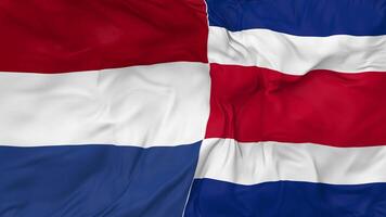 Netherlands and Costa Rica Flags Together Seamless Looping Background, Looped Bump Texture Cloth Waving Slow Motion, 3D Rendering video