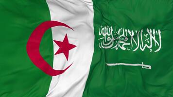KSA, Kingdom of Saudi Arabia and Algeria Flags Together Seamless Looping Background, Looped Bump Texture Cloth Waving Slow Motion, 3D Rendering video