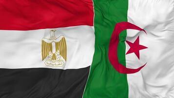 Egipto y Argelia banderas juntos sin costura bucle fondo, serpenteado bache textura paño ondulación lento movimiento, 3d representación video