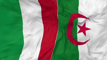 Italia y Argelia banderas juntos sin costura bucle fondo, serpenteado bache textura paño ondulación lento movimiento, 3d representación video