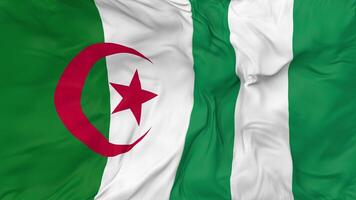 Nigeria e algeria bandiere insieme senza soluzione di continuità looping sfondo, loop urto struttura stoffa agitando lento movimento, 3d interpretazione video