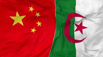 Cina e algeria bandiere insieme senza soluzione di continuità looping sfondo, loop urto struttura stoffa agitando lento movimento, 3d interpretazione video