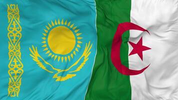 Kazakhstan and Algeria Flags Together Seamless Looping Background, Looped Bump Texture Cloth Waving Slow Motion, 3D Rendering video