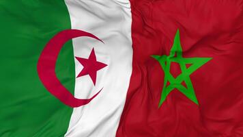 Marocco e algeria bandiere insieme senza soluzione di continuità looping sfondo, loop urto struttura stoffa agitando lento movimento, 3d interpretazione video