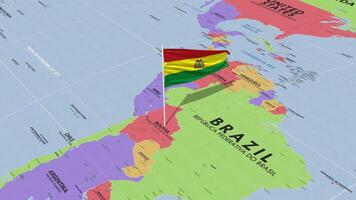 Bolivia Flag Waving in Wind, World Map Rotating around Flag, Seamless Loop, 3D Rendering video