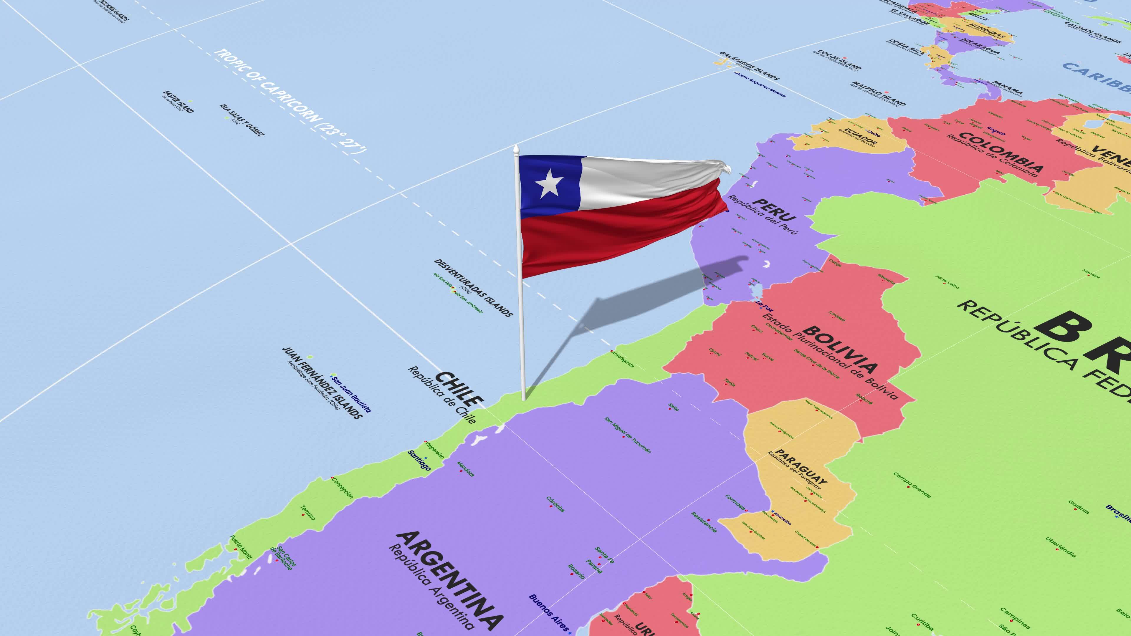Chile Flag Waving in Wind, World Map Rotating around Flag, Seamless Loop, 3D Rendering 40942745