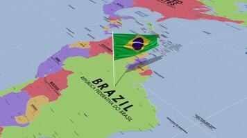 Brazil Flag Waving in Wind, World Map Rotating around Flag, Seamless Loop, 3D Rendering video