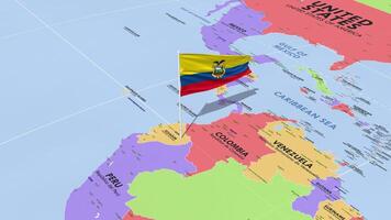 Ecuador bandera ondulación en viento, mundo mapa giratorio alrededor bandera, sin costura bucle, 3d representación video