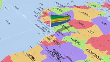 Gabon Flag Waving in Wind, World Map Rotating around Flag, Seamless Loop, 3D Rendering video