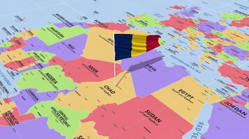 Chad Flag Waving in Wind, World Map Rotating around Flag, Seamless Loop, 3D Rendering video