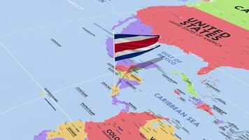 Costa Rica Flag Waving in Wind, World Map Rotating around Flag, Seamless Loop, 3D Rendering video