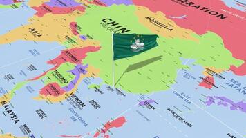 China Macau, Macao Flag Waving in Wind, World Map Rotating around Flag, Seamless Loop, 3D Rendering video