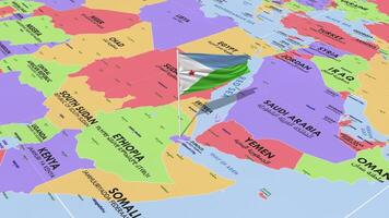 djibouti bandera ondulación en viento, mundo mapa giratorio alrededor bandera, sin costura bucle, 3d representación video