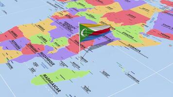 Comoros Flag Waving in Wind, World Map Rotating around Flag, Seamless Loop, 3D Rendering video