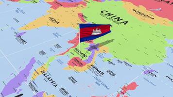 Cambodia Flag Waving in Wind, World Map Rotating around Flag, Seamless Loop, 3D Rendering video