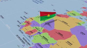 Burkina Faso Flagge winken im Wind, Welt Karte rotierend um Flagge, nahtlos Schleife, 3d Rendern video