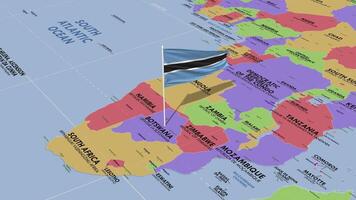 Botswana bandera ondulación en viento, mundo mapa giratorio alrededor bandera, sin costura bucle, 3d representación video