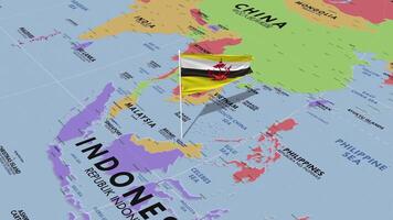 Brunei bandera ondulación en viento, mundo mapa giratorio alrededor bandera, sin costura bucle, 3d representación video