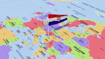 Croatia Flag Waving in Wind, World Map Rotating around Flag, Seamless Loop, 3D Rendering video