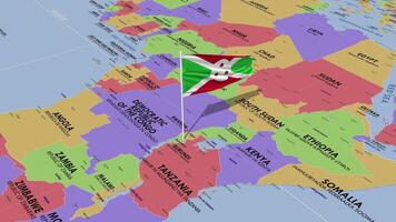 Burundi bandera ondulación en viento, mundo mapa giratorio alrededor bandera, sin costura bucle, 3d representación video