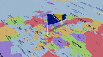 bosnia y herzegovina bandera ondulación en viento, mundo mapa giratorio alrededor bandera, sin costura bucle, 3d representación video