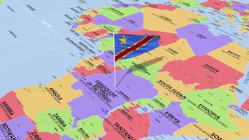 DR Congo Flag Waving in Wind, World Map Rotating around Flag, Seamless Loop, 3D Rendering video