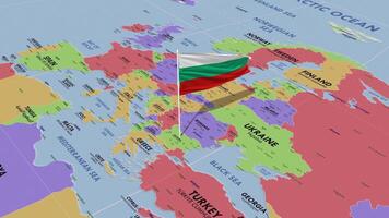 Bulgaria bandera ondulación en viento, mundo mapa giratorio alrededor bandera, sin costura bucle, 3d representación video