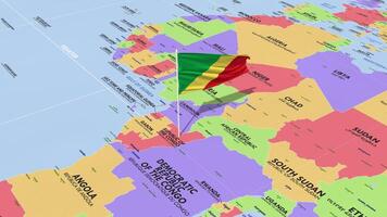 Congo Flag Waving in Wind, World Map Rotating around Flag, Seamless Loop, 3D Rendering video