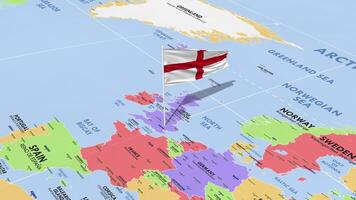 England Flag Waving in Wind, World Map Rotating around Flag, Seamless Loop, 3D Rendering video