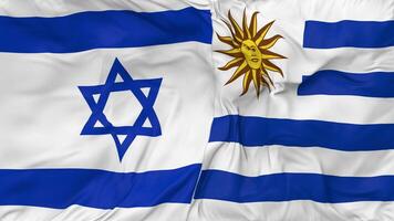 Israel y Uruguay banderas juntos sin costura bucle fondo, serpenteado bache textura paño ondulación lento movimiento, 3d representación video