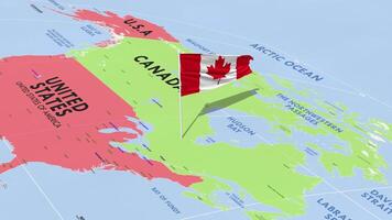 Canada Flag Waving in Wind, World Map Rotating around Flag, Seamless Loop, 3D Rendering video