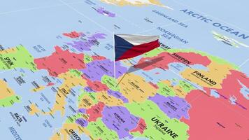 checo república bandera ondulación en viento, mundo mapa giratorio alrededor bandera, sin costura bucle, 3d representación video