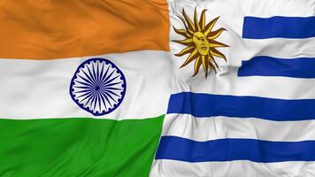 India and Uruguay Flags Together Seamless Looping Background, Looped Bump Texture Cloth Waving Slow Motion, 3D Rendering video