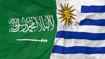 ksa, Reino de saudi arabia y Uruguay banderas juntos sin costura bucle fondo, serpenteado bache textura paño ondulación lento movimiento, 3d representación video