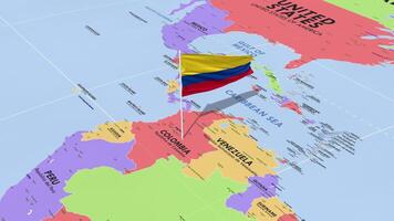 Colômbia bandeira acenando dentro vento, mundo mapa rotativo por aí bandeira, desatado laço, 3d Renderização video