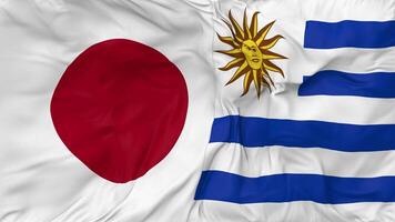 Japão e Uruguai bandeiras juntos desatado looping fundo, em loop colisão textura pano acenando lento movimento, 3d Renderização video