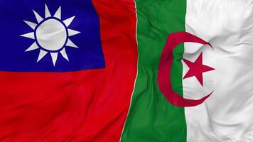 Taiwán y Argelia banderas juntos sin costura bucle fondo, serpenteado bache textura paño ondulación lento movimiento, 3d representación video
