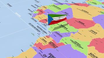 Equatorial Guinea Flag Waving in Wind, World Map Rotating around Flag, Seamless Loop, 3D Rendering video