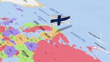 Finland Flag Waving in Wind, World Map Rotating around Flag, Seamless Loop, 3D Rendering video